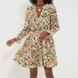 Pomander Place Tuckernuck Floral V-Neck Mini Dress - Cream and Green